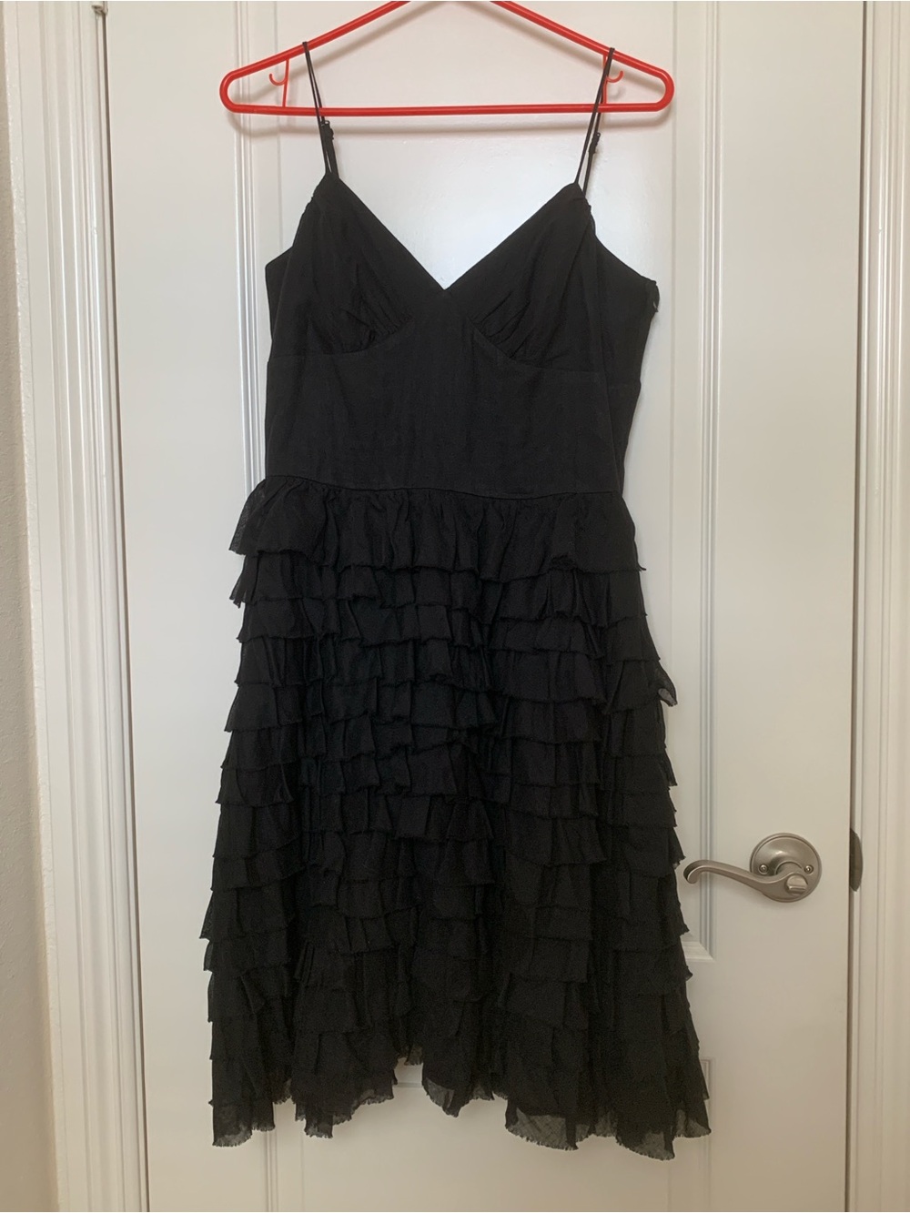 Betsey Johnson Evening Black Tiered Ruffle Dress Size 10 Spaghetti Strap